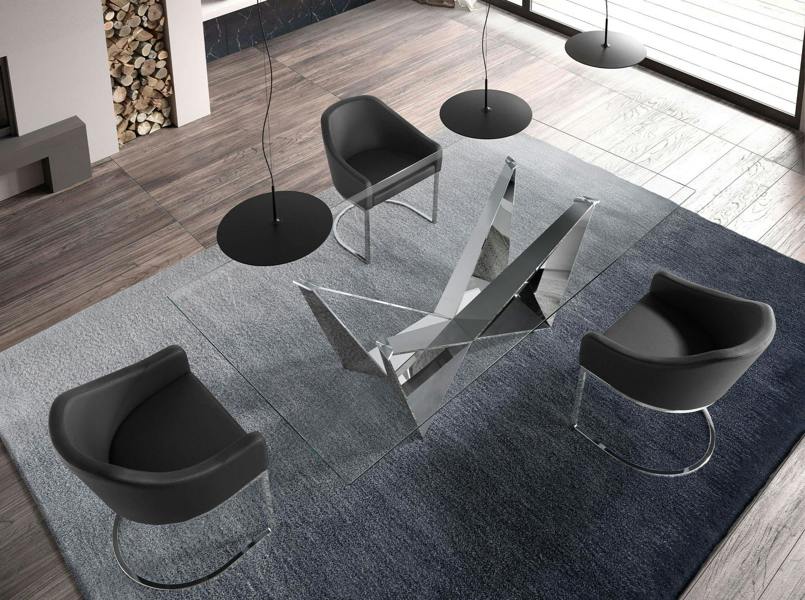 Angel Cerdá Rectangular tempered glass and chrome-plated steel dining table 1049