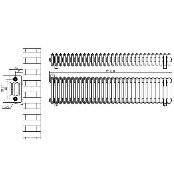 Traditional white 4 column radiator, 300 x 1370mm, featuring a classic design with detailed vertical fins and a smooth finish