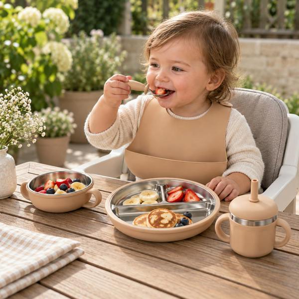 Maison des Cadeaux Baby Feeding & Weaning Set with Stainless Steel Plate, Bowl, Bib, Cup & Cutlery