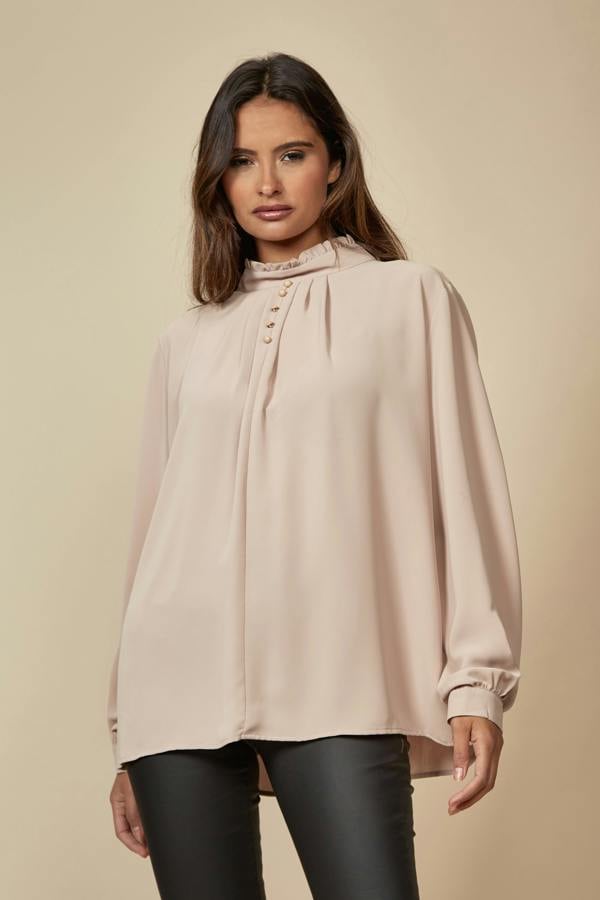 Hoxton Gal Oversized Ruffle Neck Top with Long Sleeves in Beige