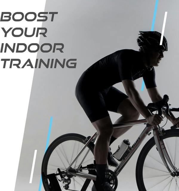 Black Velo Pro Fluid Turbo trainer with a cyclist in motion, showcasing sleek design and indoor training capabilities