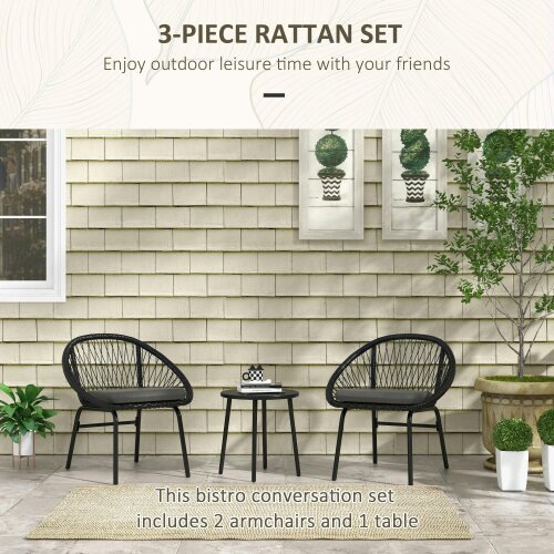 Wyld Haus Lukeno Black Rattan Rope 3 Piece Outdoor Bistro Set Table and 2 Chairs Set