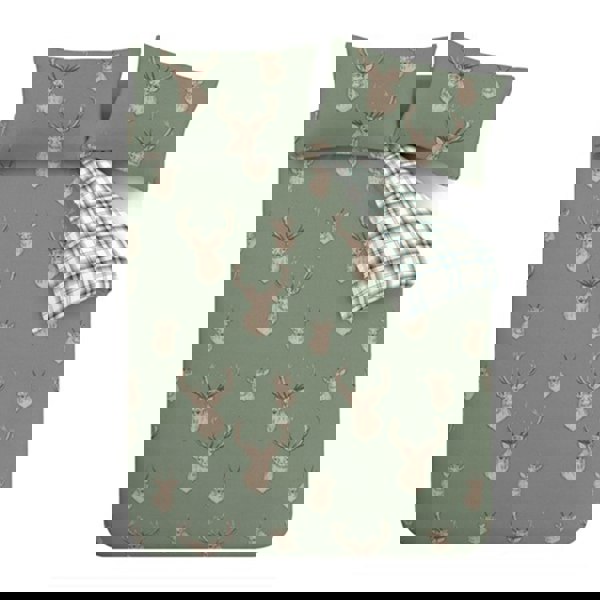 Catherine Lansfield Stag Check Reversible Duvet Cover Set Soft Green