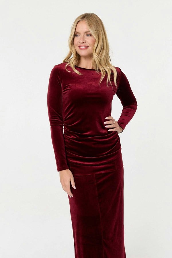 Red | Velour Soft Texture Long Sleeve Slim Top

