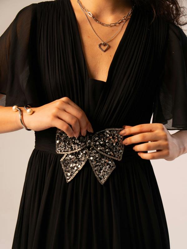 Rose & Nancy Anais Black Embellished Bow Maxi Dress