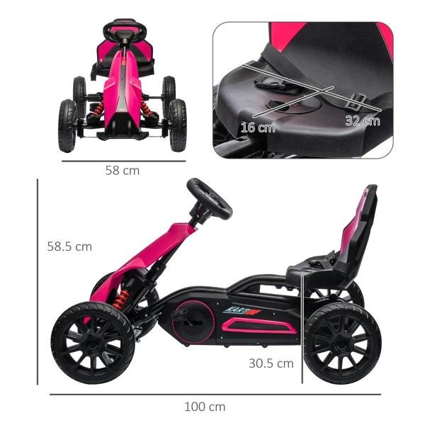 Pink kids pedal go-kart with adjustable seat and EVA wheels; side view with size labels