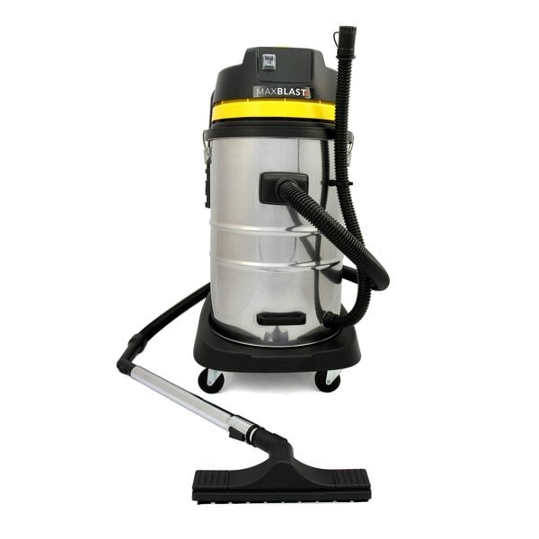MAXBLAST 50L industrial vacuum cleaner with a stainless steel body, yellow accents, flexible hose, and sturdy wheels for mobility