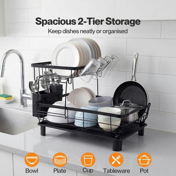 TOQUE 2 Tier Dish Drainer Rack Drip Tray Cutlery Holder Plate Rack Kitchen Sink