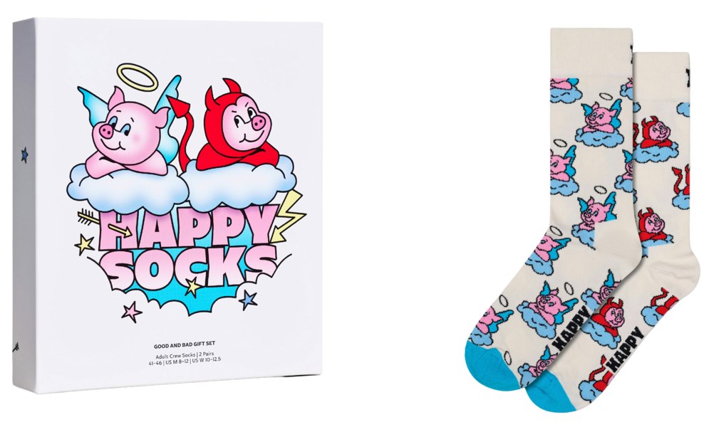 Happy Socks 2-Pack Good Pig Bad Pig Socks Gift Box, White