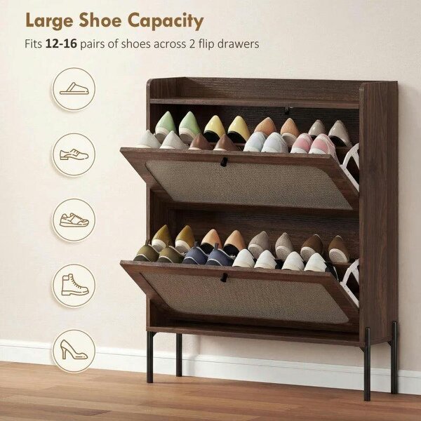 Shoe Cabinet with 2 Flip Drawers, Boho Narrow Shoe Storage Cabinet, Dark Brown