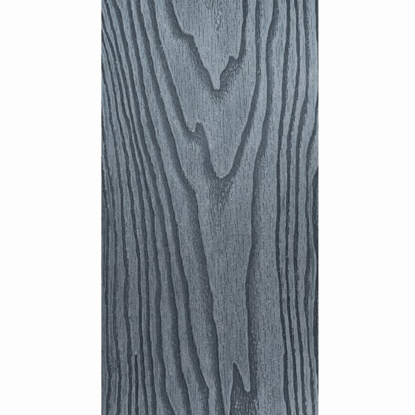 Grey composite decking board showcasing a textured wood grain pattern, ideal for outdoor flooring and durable against weather elements