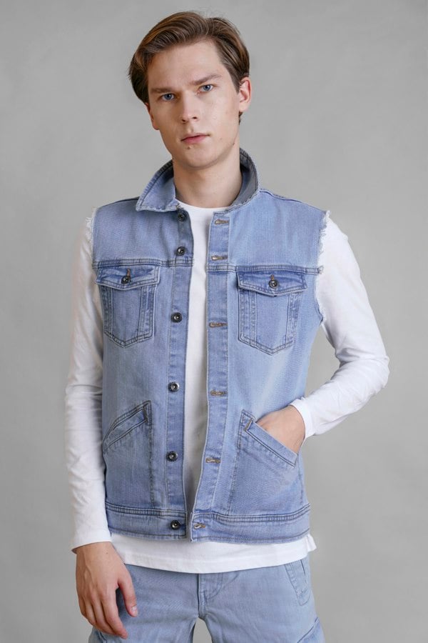Men's Regular Fit Stretch Denim Sleeveless Jacket Light Blue Colour Enorsia UK