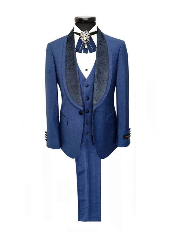 Blue 3-Piece Tuxedo With Wide Shawl Lapel