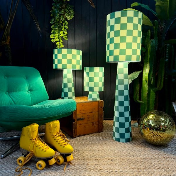 Handmade Checkerboard Velvet lamps in Apple Sours. Green checkerboard lamps. 3 Sizes Available