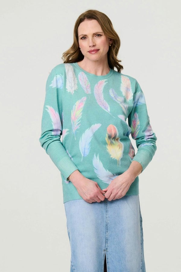 Sage | Feather Print Diamante Detail Jumper : Model is 5'9"/175 cm and wears UK10/EU38/US6/AUS10
