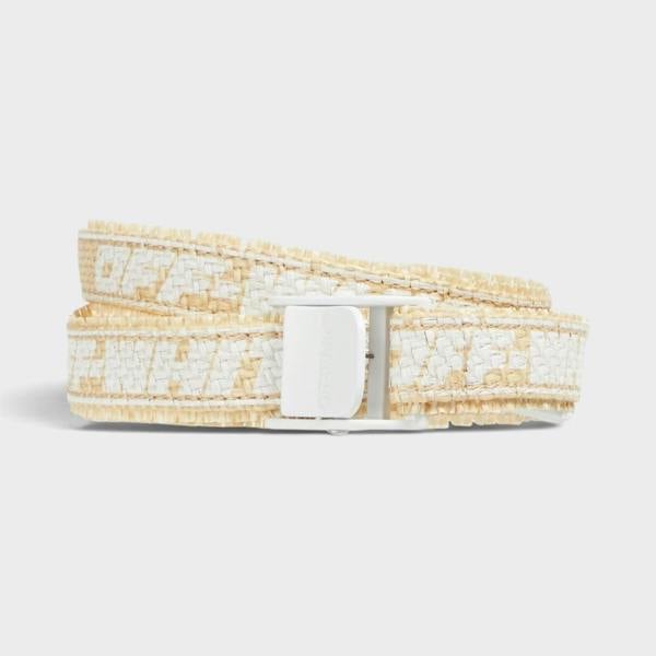 Supplied Fashion beige raffia belt with white industrial-inspired printed text and a matching white buckle.