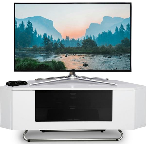 Homeology Hampshire Corner-Friendly Gloss White with Black Glass Beam-Thru Remote Friendly Door 26"-50" Flat Screen TV Cabinet