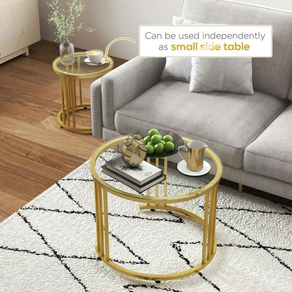Gold round nesting table set with tempered glass top for use as a small side table
