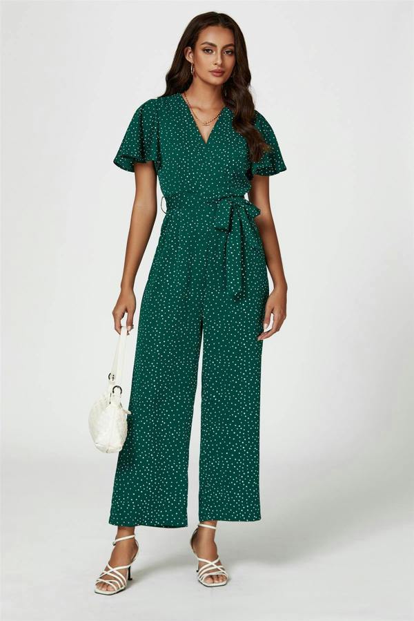 FS Collection Dot Print Wrap Top Jumpsuit In Green