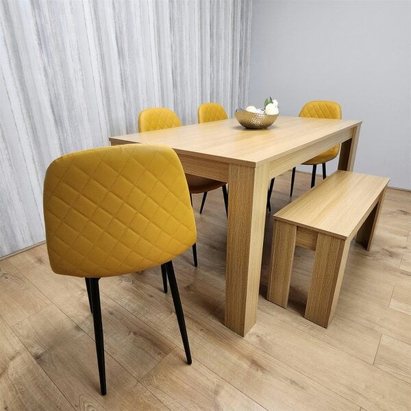 Kosy Koala Wooden Dining Table Set for 6 Oak Effect Table With 4 Mustard Gem Patterned  Chairs and 1 Bench