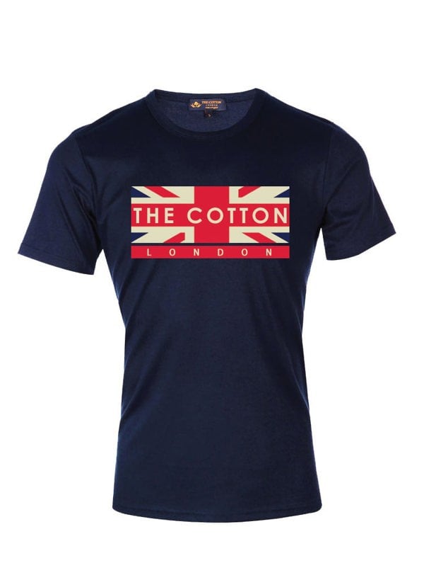 The Cotton London's brand name printed over union jack on a Navy T-shirt.