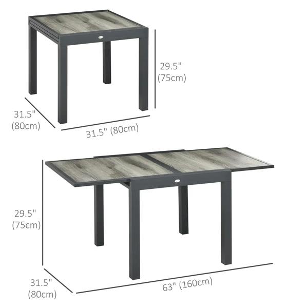 Grey extendable patio dining table with wood-look tabletop and aluminium frame, measurements shown