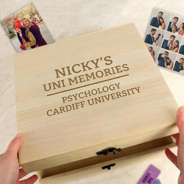 Personalised wooden university memories keepsake box engraved with custom name, course, and university