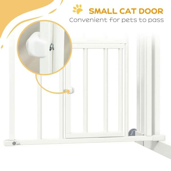 White pressure-fit dog gate with small cat door and hinged latch mechanism detail