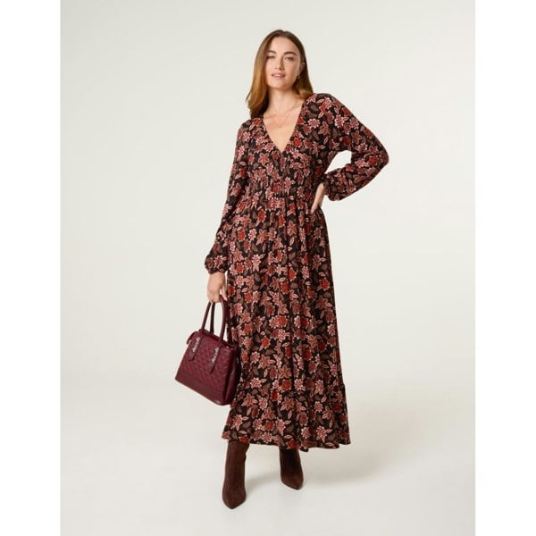 Blue Vanilla V Neck Shirred Long Sleeve Dress