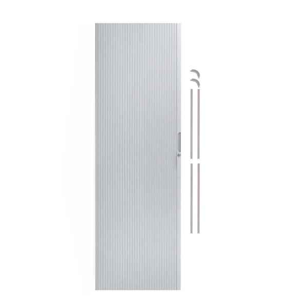 Silver Tambour shower door featuring a sleek, vertical ribbed design and a minimalist handle, perfect for modern bathrooms