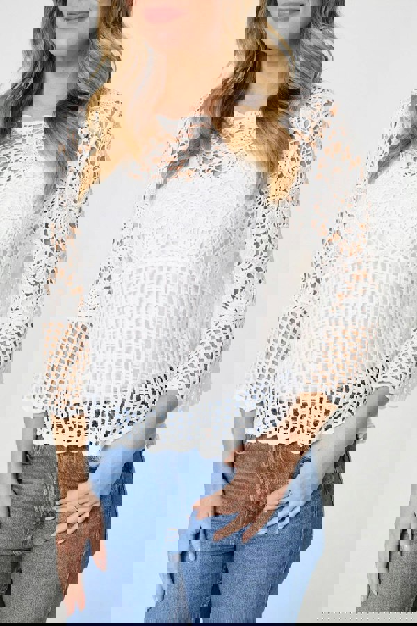 White | Semi Sheer Crochet 3/4 Sleeve Crop Top
