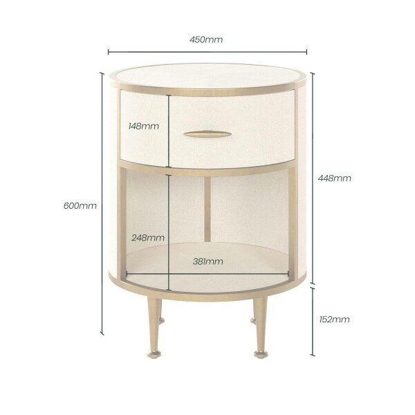 Wyld Haus Treviso Ivory Faux Shagreen Round Bedside Table with Drawer