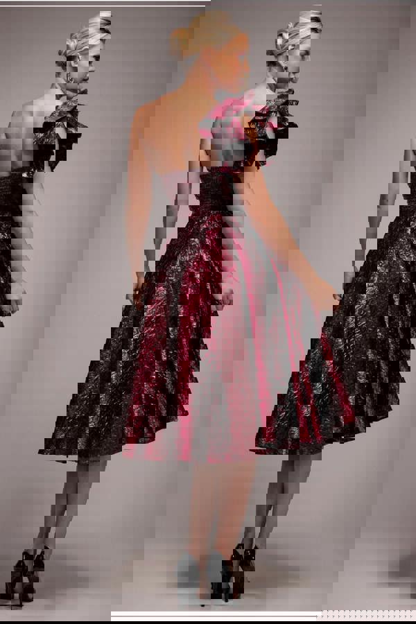 One Shoulder Frill Jacquard Skater Midi Dress - Burgundy Red DR4811