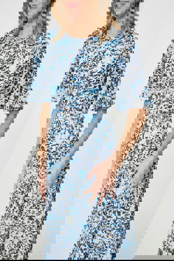 Blue | Animal Print Flared Sleeve Midi Dress
