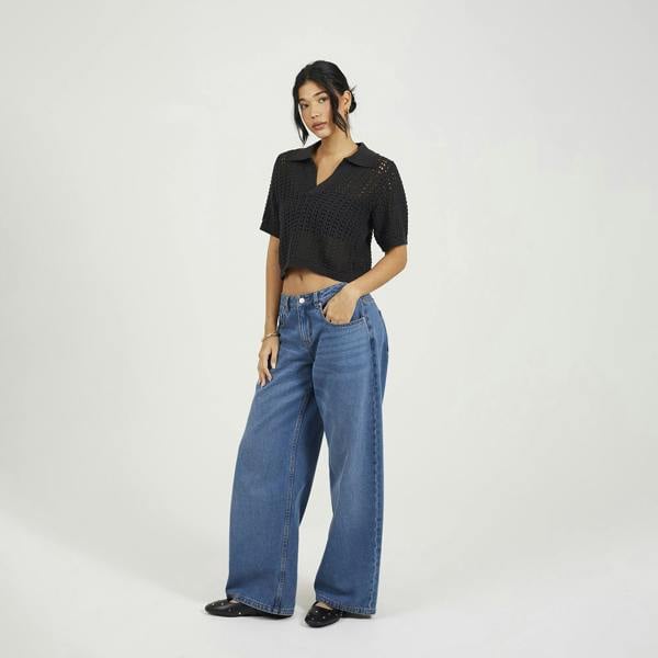 Brave Soul Black Pointelle Knit Collared T-Shirt - Black Image 3