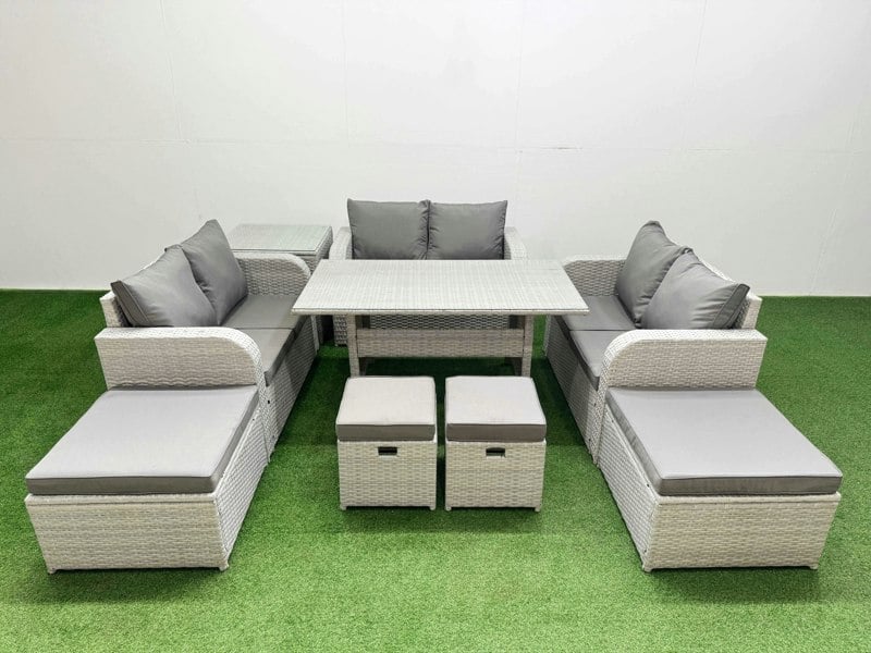 Fimous Rattan Lounge Sofa Set 10 Seater Outdoor Garden Furniture Set with Dining Table Love Sofa 2 Big Footstools 2 Small Stool Side Table Light Grey