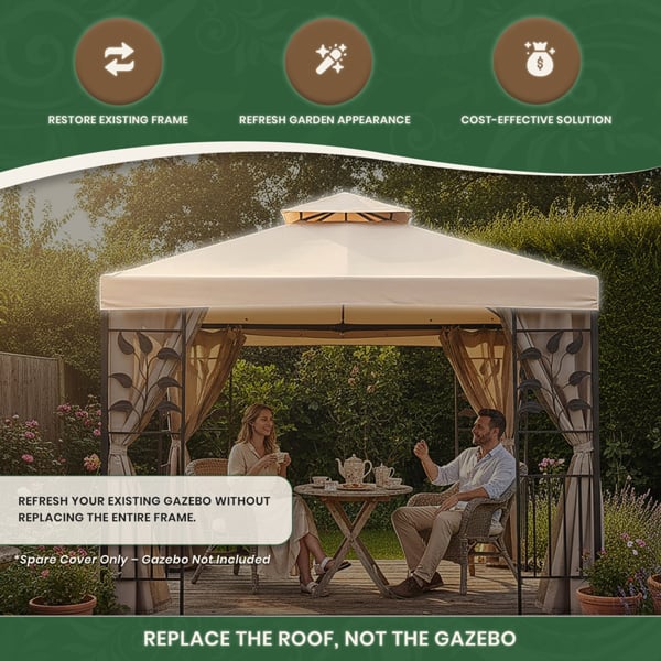 Spare Roof Cover for Leaf Design 3m Square Garden Gazebo, Beige 180g Fade Resistant Polyester Canopy with Wind Vent