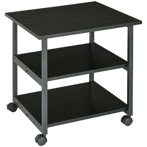 Three-tier black steel printer stand with wheels, top and two open shelves