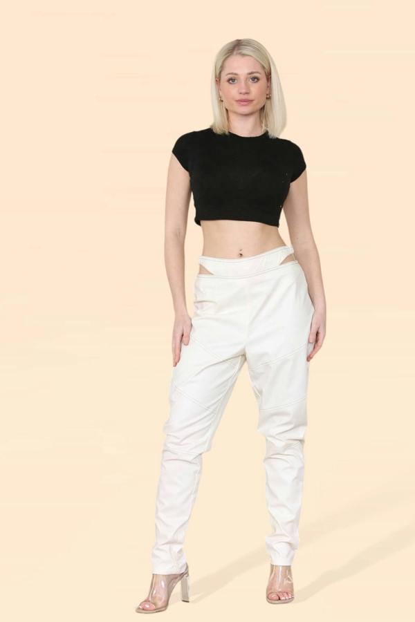 Women's Cut Out High Waist PU Biker Trousers - Sexy Leather Look Rider Pants with Elastic Waist, Modern Classic Vintage Streetwear - Elaina Fashion