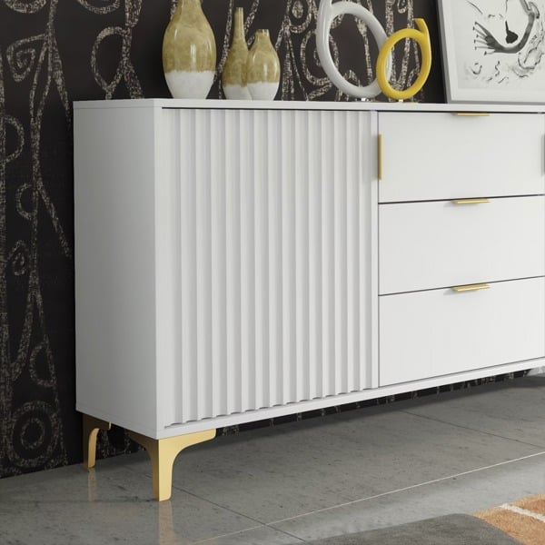 Mex Furniture Captivating White 140cm Sideboard with Ribbed Doors and Gold Accents