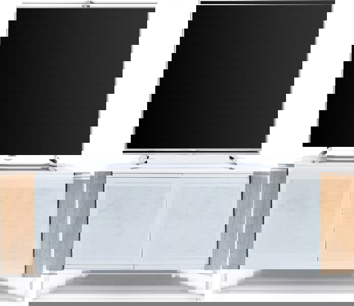 MDA Designs CORVUS Corner-Friendly Gloss White Contemporary Cabinet with Oak Profiles White BeamThru Glass Doors for Flat Screen TVs up to 50"