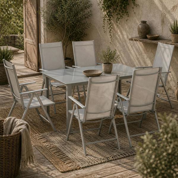 Wyld Haus Pasano 6 Seater Light Grey Garden Dining Set Outdoor Tempered Glass Top Table and Folding Mesh Chairs
