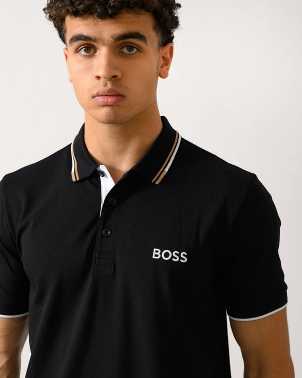 BOSS Green Paddy Pro Mens Cotton Blend Polo Shirt With Contrast Logos NOS - Black 002 - CHO - Designer Mens Short Sleeve Polo Shirts