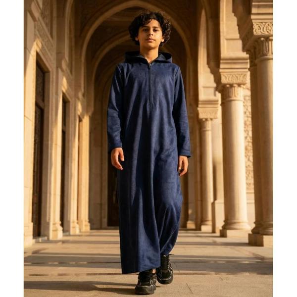 HM12 - Boy's Hooded Suede Emirati Omani Zipped Thobe - Navy - Thobez - 2
