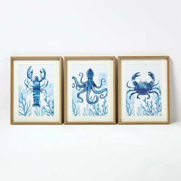 HOMESCAPES Set of 3 Blue Sea Animal Wall Art