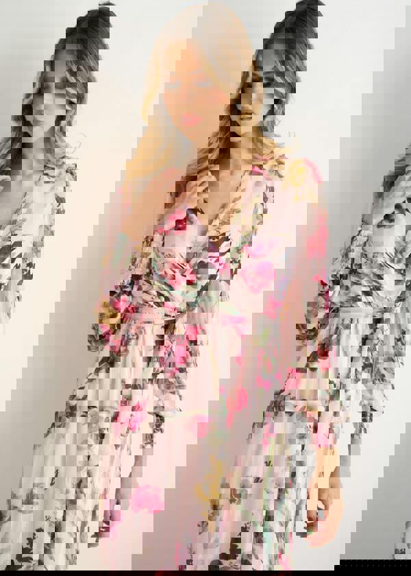 Gini London Pink Floral Print Sparkle Chiffon Wrap Midi Dress