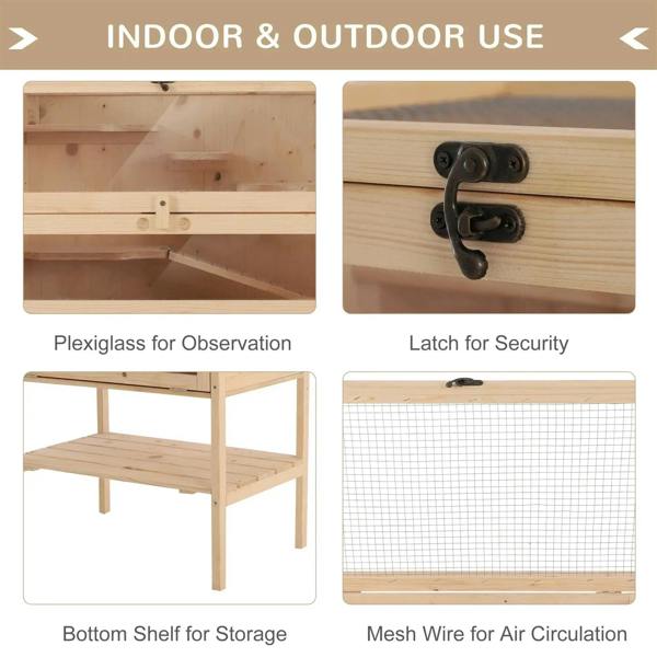 Natural wood hamster cage with plexiglass observation panel, mesh wire, and security latch