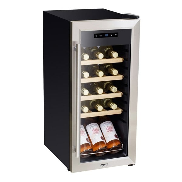 18 Bottle Freestanding Wine Cooler Fridge LED Backlit Wood Shelf STAINLESS STEEL - LoopsDirect