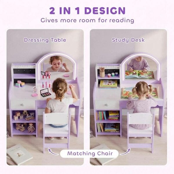 Kids Vanity Set, Kids Dressing Table with Stool, 2-Colour Lights Mirror, Pretend Dresser Gift for Ages 3-8, Purple