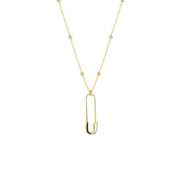 A sterling silver necklace with a safety pin pendant attached to a beaded satellite chain.